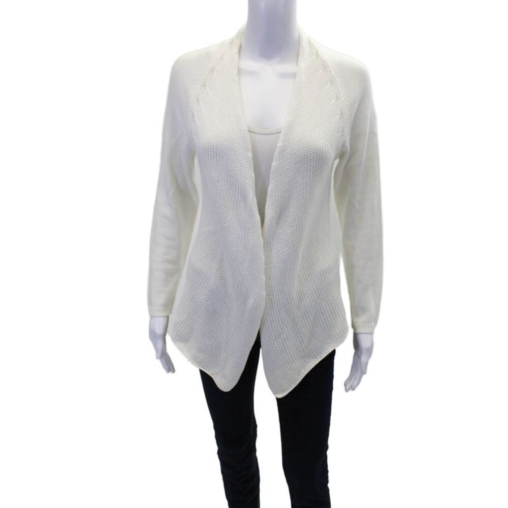 Kash Womens Long Sleeve Crochet Knit Trim Cardigan Sweater White Cotton IT 40